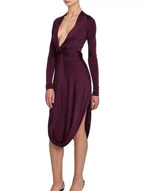 NEW FERRAGAMO Womens Midi Dress Oxblood Shiny Jersey Knotted Bubble V-Neck